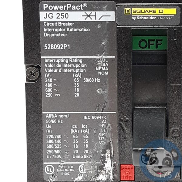 SQUARE D PowerPact JGF36175SOYE 175A 3P Circuit Breaker JG 250 AL175JD - "B" - Image 6